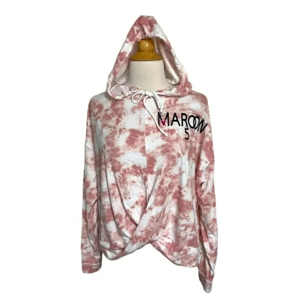 Flirtitude M pink + white tie dyed MAROON FIVE twisted front hooded‎ sweatshirt